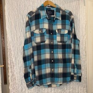 American Eagle Outfitters Blue and White Plaid Flannel Shirt, Cotton, Size: XXL
